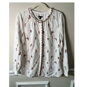Talbots Womens White Embroidered Floral Scallop Ruffle Blouse Long Sleeve Top M